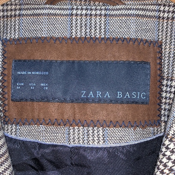 ZARA Basics Wool blend Plaid Blazer brown patchwork elbows 2 button satin lined - Picture 4 of 17